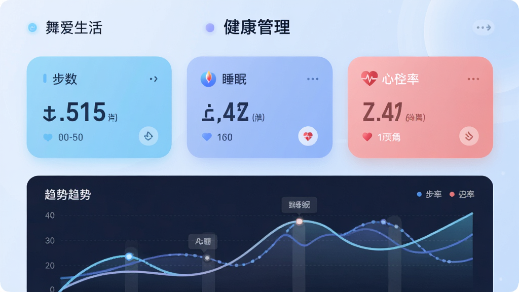 主体:舞爱生活应用的健康管理界面,显示步数、睡眠、心率等数据卡片,配以趋势折线图。布局:数据卡片横向排列,下方为图表区域,整体布局均衡。风格:科技感与柔和色结合,浅蓝色背景,细节:数字字体清晰,图表线条流畅,画质干净,无多余元素。