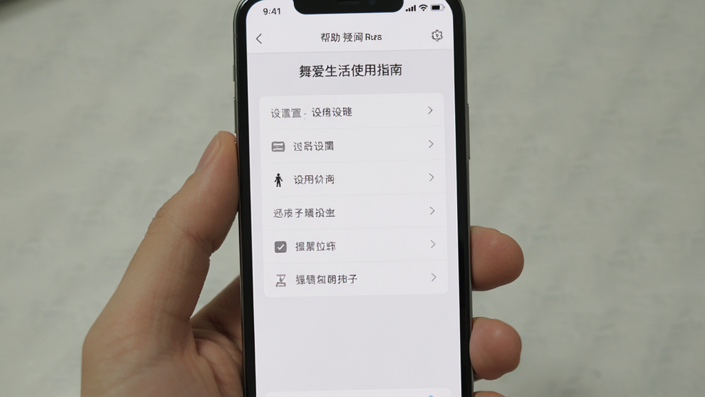 主体:手机屏幕展示舞爱生活的使用指南界面,包含设置选项与操作提示。布局:屏幕中央显示帮助菜单列表,背景为淡灰色。风格:简洁实用风,白色与灰色搭配,细节:文字清晰,图标小巧,画质干净,无多余元素。