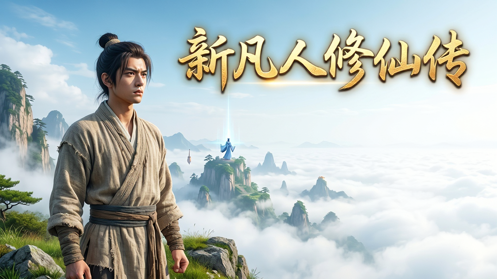 主体为一名身穿古代布衣的青年男子,面容坚毅,站在云雾缭绕的山峰之巅,远眺前方壮丽的修仙世界。布局采用三分法,人物位于左侧三分之一处,右侧留白展现广阔天地。排版上,画面中央上方加入艺术字标题“新凡人修仙传”,字体飘逸带有金色光泽。风格为写实国风,色彩明亮通透,细节展现衣袍纹理与山石草木。画质高清,干净无多余元素。