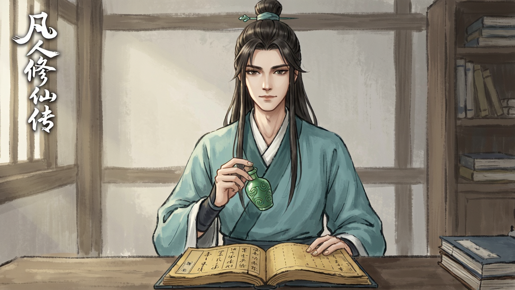 画面主体为游戏角色韩立,身穿青色长衫,手持绿色小瓶,站立于古朴的书房内,面前摊开一本泛黄的古籍。布局为居中构图,人物与书籍形成三角稳定结构。排版上,左上角加入竖排小字“凡人修仙传”,字体为毛笔行楷。风格为细腻的国风手绘,色彩淡雅,光影柔和,突出古韵。细节呈现书籍上的文字与瓶身纹路。画质细腻干净,无多余元素。
