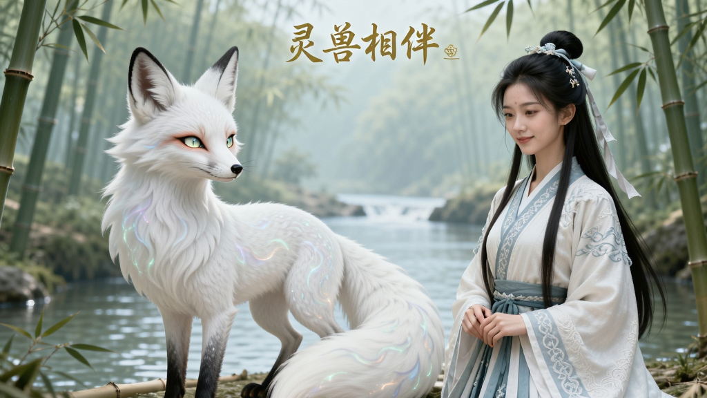 主体为一只通体雪白的狐狸灵兽,身形优雅,尾巴蓬松,眼中闪烁着灵动的光芒,旁边站着一名修仙者女子。布局为双人构图,一左一右,和谐自然。排版上,画面顶部中央加入金色小字“灵兽相伴”。风格为清新国风,色彩柔和,场景为竹林溪边。细节展现狐狸的毛发与女子的衣裙纹理。画质干净唯美,无多余元素。