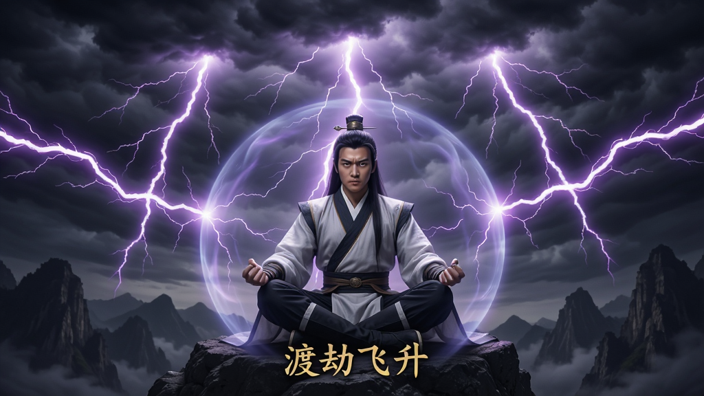 主体为一名修仙者盘膝坐在山巅,头顶乌云密布,电闪雷鸣,数道紫色天雷劈下,被修仙者周围的护体灵光抵挡。布局为对称构图,人物居中,雷电向四周扩散。排版上,画面下方中央加入金色小字“渡劫飞升”。风格为写实玄幻,光影对比强烈,色彩以暗色与电光紫为主。细节展现雷电的弧光与人物表情的坚毅。画质高清,干净无多余元素。