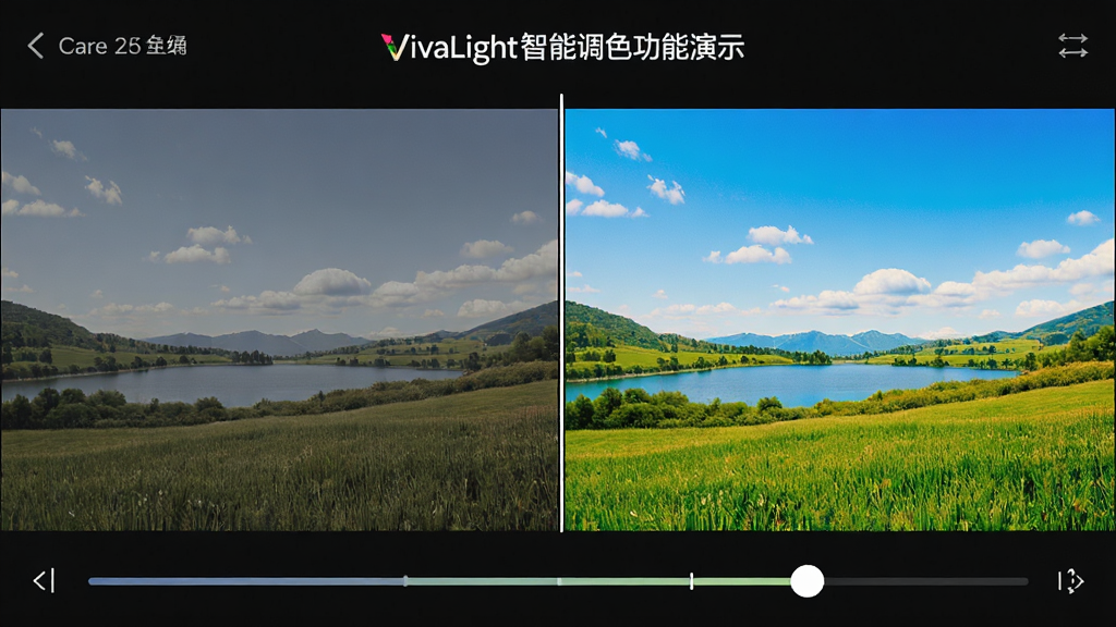 主体:VivaLight智能调色功能演示,屏幕中显示一张风景照,左侧为原始图像,右侧为调色后效果。布局:左右对比布局,中间以竖线分隔。排版:图像上下排列,底部有调色滑块。风格:明亮通透,色彩饱满。细节:左侧图像偏灰,右侧图像色彩鲜艳,天空更蓝,草地更绿。画质:高清细腻,干净无多余元素。