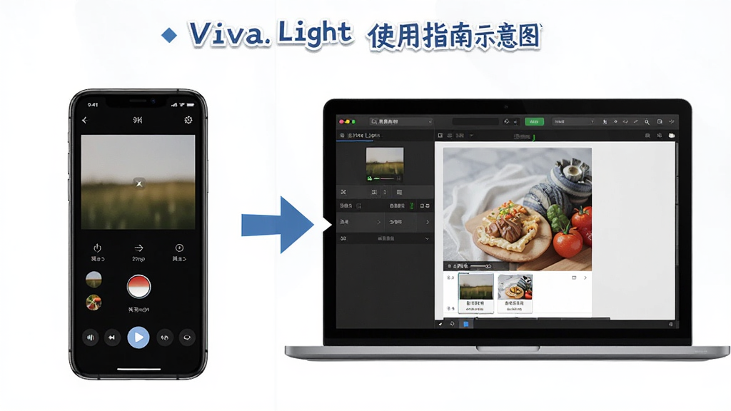主体:VivaLight使用指南示意图,屏幕中显示手机和电脑两种设备。布局:左右分栏,左侧为手机界面,右侧为电脑界面。排版:上下排列,中间有箭头指示。风格:教学风格,清晰明了。细节:手机界面显示调色操作,电脑界面显示批量处理。画质:高清渲染,干净无多余元素。