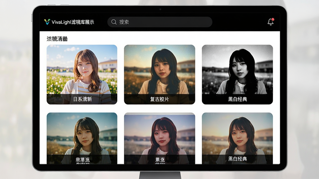 主体:VivaLight滤镜库展示,屏幕中显示多款滤镜效果预览。布局:网格布局,每款滤镜下方标注名称。排版:滤镜缩略图按分类排列,顶部有搜索栏。风格:艺术感强,色彩丰富。细节:缩略图显示不同风格效果,如“日系清新”、“复古胶片”、“黑白经典”等。画质:高分辨率,干净无多余元素。