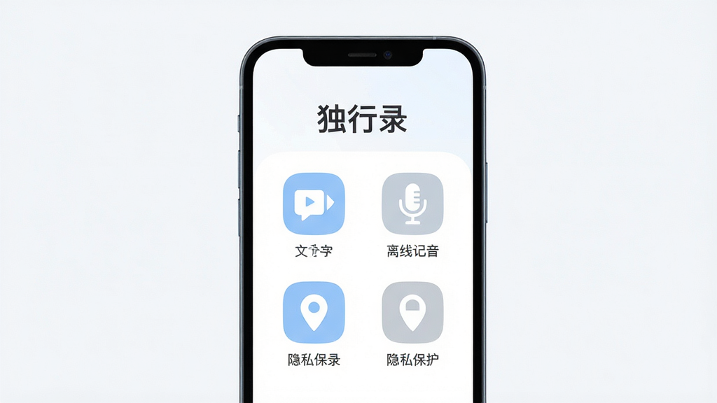 主体:一款名为“独行录”的手机应用主界面,界面风格简洁清爽。布局:手机屏幕居中展示,上方显示应用名称“独行录”,下方为几个功能图标(如文字、语音、位置)。排版:图标整齐排列,文字清晰。风格:现代扁平化设计,白色背景搭配淡蓝色和灰色调。细节:界面干净无多余元素,强调“离线记录”和“隐私保护”概念。画质:高清渲染,色彩柔和,干净,无多余元素。