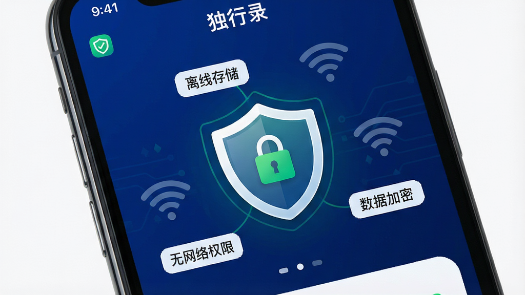 主体:手机屏幕显示“独行录”应用的隐私设置页面。布局:页面中央有一个大大的盾牌图标,周围环绕着“离线存储”、“无网络权限”、“数据加密”等标签。排版:标签整齐排列,盾牌图标突出。风格:科技感与安全感并重,深蓝色背景搭配白色和绿色图标。细节:界面简洁,突出“隐私保护”主题。画质:高清,色彩对比鲜明,干净,无多余元素。