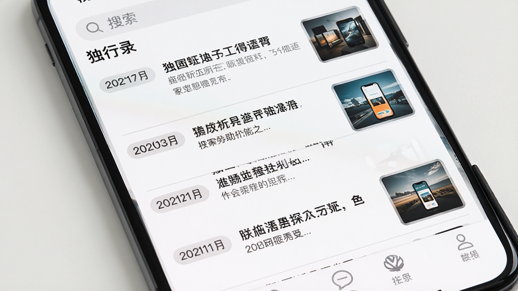 主体:手机屏幕展示“独行录”应用的时间线列表,每条记录包含文字和缩略图。布局:从上到下依次排列多条记录,每条记录左侧有日期标签,右侧为内容摘要。排版:列表清晰,间距均匀。风格:简洁的列表风格,白色背景,灰色分隔线。细节:顶部有搜索栏,底部有导航标签。画质:高清,字体清晰,干净,无多余元素。