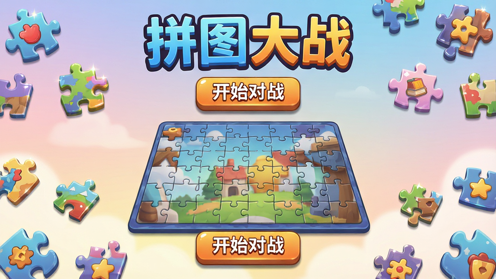 主体:精美的拼图游戏界面,展示《拼图大战》LOGO与多彩拼图碎片;布局:中央为游戏棋盘,四周散落各种图案的拼图块,背景是柔和渐变天空;排版:主标题“拼图大战”醒目位于上方,下方有“开始对战”按钮;风格:卡通渲染,色彩明亮轻快;细节:拼图块边缘高光,棋盘上有半成品图案,按钮有立体阴影;画质:高清2D,干净无多余元素。