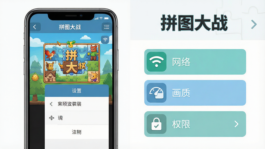 主体:手机屏幕显示《拼图大战》安装界面与游戏内设置菜单;布局:左侧为手机模型,右侧为设置选项列表;排版:上方有“拼图大战”标题,下方有“网络”、“画质”、“权限”选项;风格:清爽扁平化设计;细节:设置项图标清晰,手机屏幕内显示游戏主界面;画质:高清,干净无多余元素。
