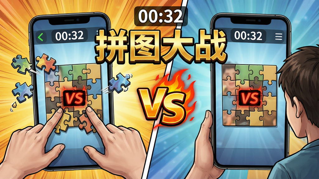 主体:两名玩家手机屏幕显示同一拼图图案,中间有VS图标;布局:左右分屏,左侧玩家正在拖拽拼图块,右侧玩家进度稍慢;排版:上方显示倒计时“00:32”,中央有“拼图大战”金色标题;风格:动态漫画风格,动作感强;细节:拼图碎片飞溅,计时器红色闪烁,VS图标有火焰特效;画质:高清,干净无多余元素。