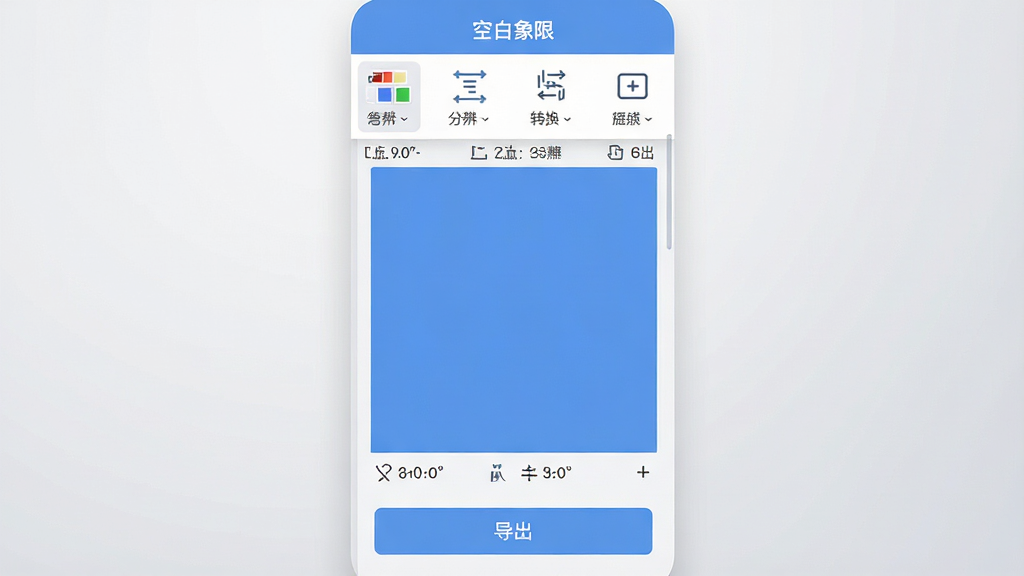 主体:一款名为“空白象限”的手机图像处理软件界面,居中显示一张纯色空白画布,画布上方有工具栏图标,包括颜色选择、尺寸调整、格式转换等。布局:画面以软件操作界面为主体,背景为浅灰色渐变,突出软件界面。排版:界面元素排列整齐,图标清晰,画布占据主要视觉区域,下方有导出按钮。风格:现代简约,扁平化设计,色彩柔和,以蓝白为主色调。细节:画布上显示尺寸和分辨率参数,工具栏图标带有文字标签,界面底部有“导出”按钮。画质:高清渲染,干净,无多余元素。