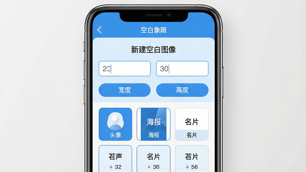 主体:手机屏幕上显示“空白象限”软件的自定义尺寸设置界面,包含宽度和高度输入框,下方有多个预设尺寸模板按钮。布局:界面居中,背景为浅蓝色,输入框和按钮排列清晰。排版:上方为标题“新建空白图像”,中间为输入框,下方为网格状预设模板。风格:简洁商务,蓝白配色,圆角按钮。细节:输入框内显示数字,预设模板上标注尺寸名称如“头像”、“海报”、“名片”。画质:高清,界面干净,无多余元素。