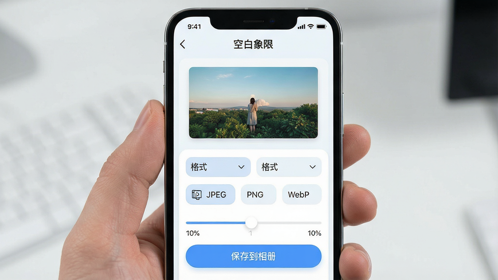 主体:手机屏幕显示“空白象限”软件的导出设置界面,有格式选择、质量滑动条和“保存到相册”按钮。布局:界面简洁,上方为预览图,下方为设置选项。排版:预览图居中,设置选项纵向排列。风格:清新浅色,圆角设计。细节:格式选择有JPEG、PNG、WebP选项,质量滑动条显示百分比,按钮为蓝色。画质:高清,界面干净,无多余元素。
