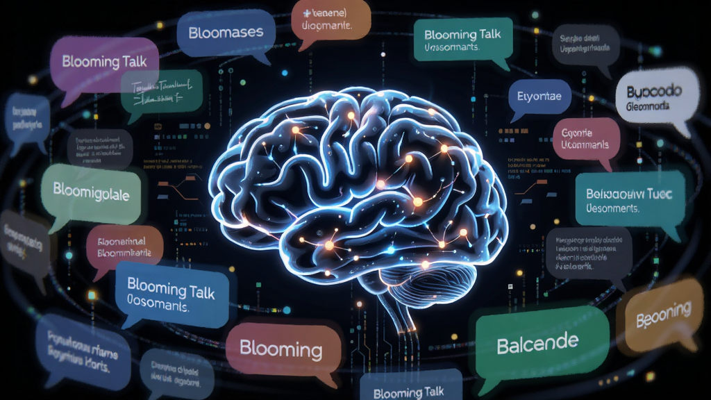 画面主体为Blooming Talk的AI大脑核心,以发光的神经网络结构呈现,周围环绕着多语言对话气泡,布局为环绕式构图,排版富有层次感,风格为抽象科技插画,细节包含数据流与节点光效,画质细腻干净,无多余元素