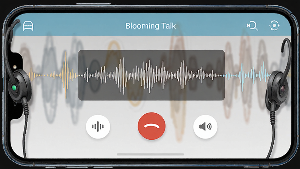 画面主体为一部智能手机横屏显示Blooming Talk应用内语音通话界面,背景为抽象声波图形,布局为居中特写构图,排版清晰直观,风格为拟物化插画,细节包括耳机与动态波形,画质锐利干净,无多余元素