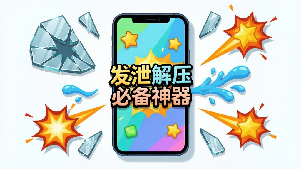 主体为一部亮着屏幕的智能手机,屏幕中显示“发泄解压必备神器”的彩色卡通界面,周围漂浮着破碎的玻璃、飞溅的水花和爆炸的星星特效,布局以手机为中心向四周扩散,排版干净利落,风格为扁平化插画,细节包含高光与阴影,画质清晰干净,无多余元素。
