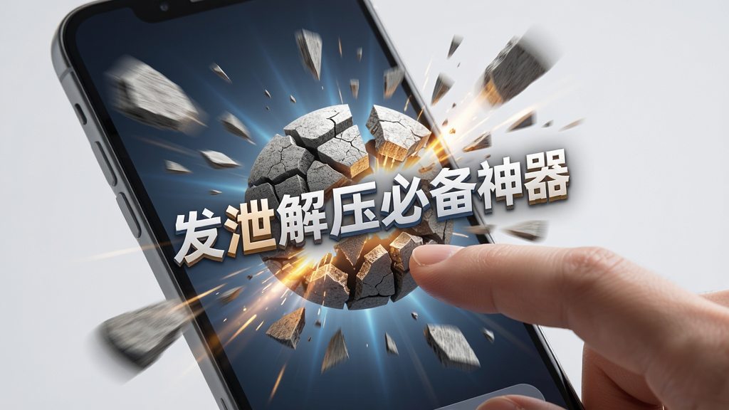 主体为一只手正在点击手机屏幕,屏幕中显示“发泄解压必备神器”的3D物体碎裂动画,碎片飞溅并带有光线特效,布局采用特写镜头,排版主体居中,风格写实,细节包含碎片纹理和动态模糊,画质高清,干净无多余元素。