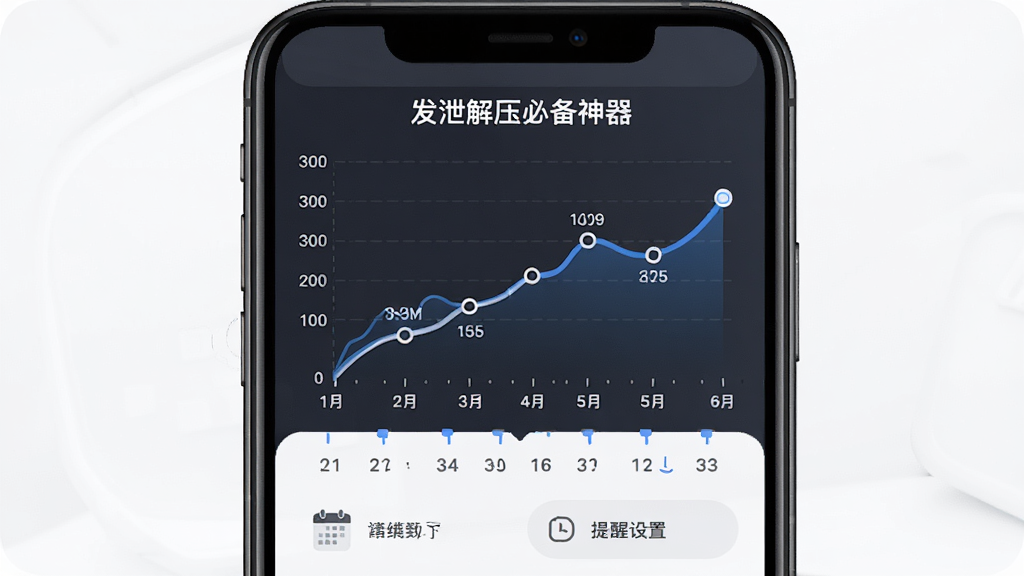 主体为手机屏幕中显示“发泄解压必备神器”的情绪趋势折线图,图表下方有日历标记和提醒设置选项,布局以图表为中心,排版简洁,风格商务简约,细节包含坐标轴刻度和数据点,画质清晰,无多余元素。