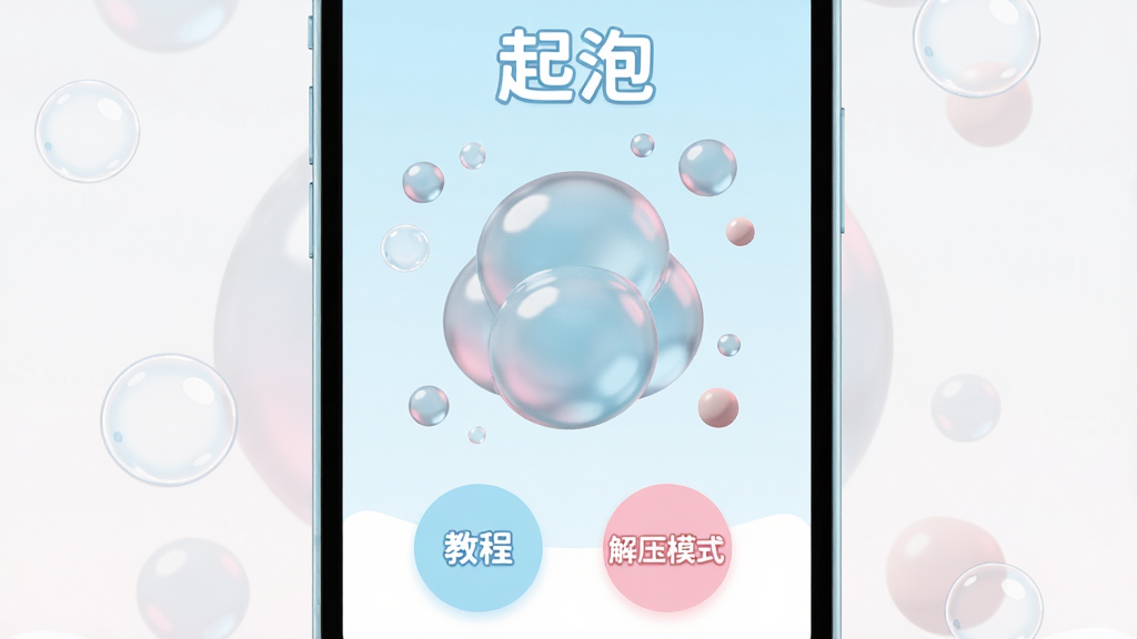 起泡软件主界面预览图,展示一款名为“起泡”的手机应用,界面以清新治愈的淡蓝色和粉色为主色调,中央显示一个立体Q弹的起泡胶3D模型,周围漂浮着细小的气泡,界面下方有“教程”和“解压模式”两个圆形按钮,整体布局简洁明快,风格卡通可爱,画质高清干净,无多余元素。