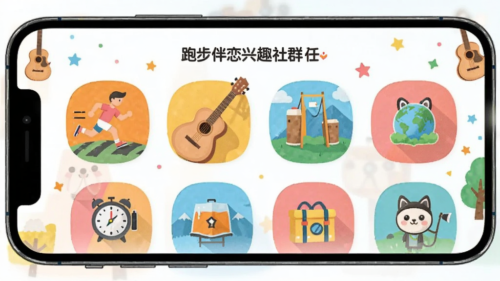 伴恋兴趣社群页面,手机屏幕展示多个兴趣小组图标,如跑步、吉他、旅行等,背景为多彩的扁平化插画风格,色彩明快活泼,界面布局整齐,风格清新可爱,画质干净无多余元素