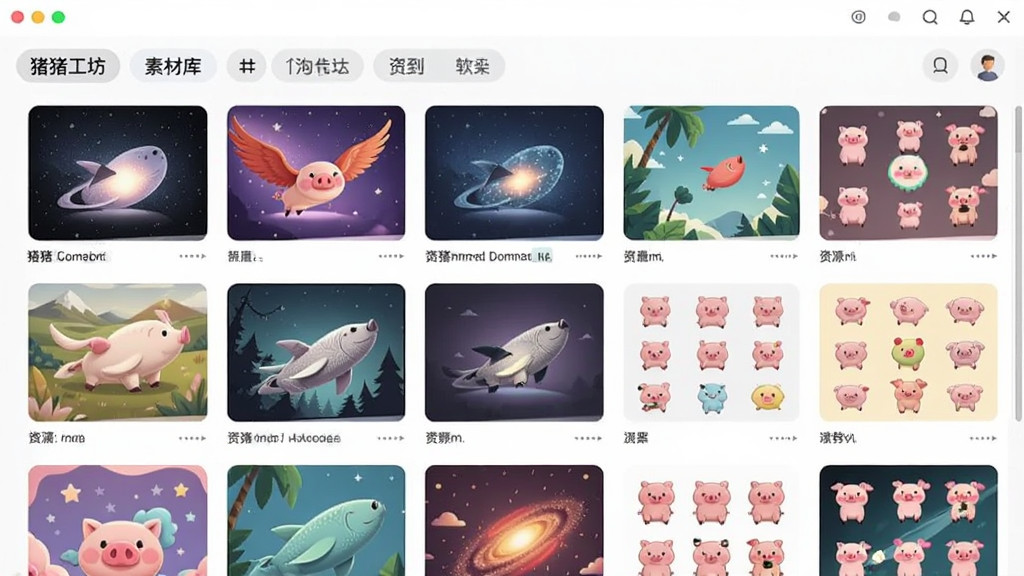 猪猪工坊软件内的素材库界面,以网格形式展示各类壁纸和图标包的缩略图,界面风格简洁现代,分类标签清晰,色彩丰富但不杂乱,图片排版整齐,画质干净,突出资源的丰富多样性