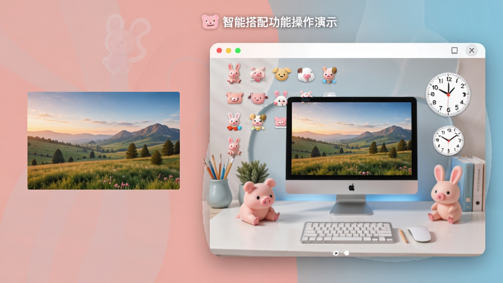 猪猪工坊的智能搭配功能操作演示,左侧是用户上传的风景图片,右侧是系统自动生成的完整桌面主题预览,包含配套的图标和时钟部件,界面流畅,过渡自然,画质清晰