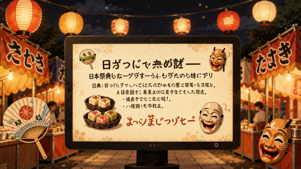 展示饭团子日语文化专栏界面,屏幕上有一篇关于日本祭典的文章,配以彩色插图和文字说明,背景是日本传统庙会的夜景,灯笼和摊位点缀其间,风格复古温馨,细节包括日式团扇和面具元素,画质明亮清晰,无多余元素