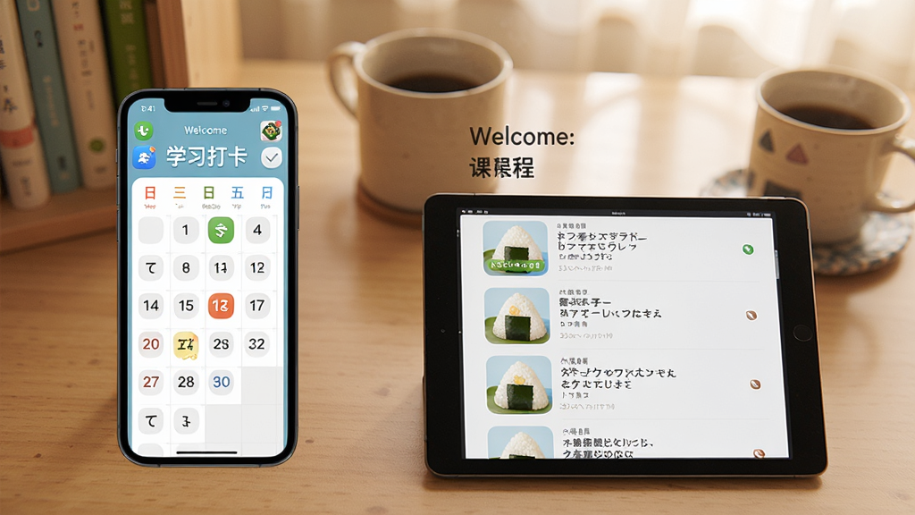 展示饭团子日语在手机和平板上的使用场景,左边是手机界面显示学习打卡日历,右边是平板界面显示课程列表,背景是温馨的书桌和咖啡杯,整体布局和谐,风格生活化,细节包括屏幕上的应用图标和欢迎语,画质干净,无多余元素