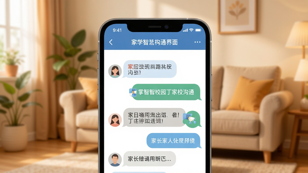 掌心智校园丁家校沟通界面,手机屏幕显示家长与老师对话气泡,背景温馨客厅,柔和色调,扁平化设计,高清画质,干净无多余元素
