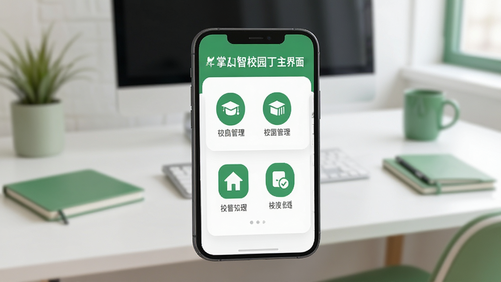 掌心智校园丁主界面展示,手机屏幕显示校园管理功能图标,背景为简约办公桌,绿色主色调,扁平化设计,高清画质,干净无多余元素
