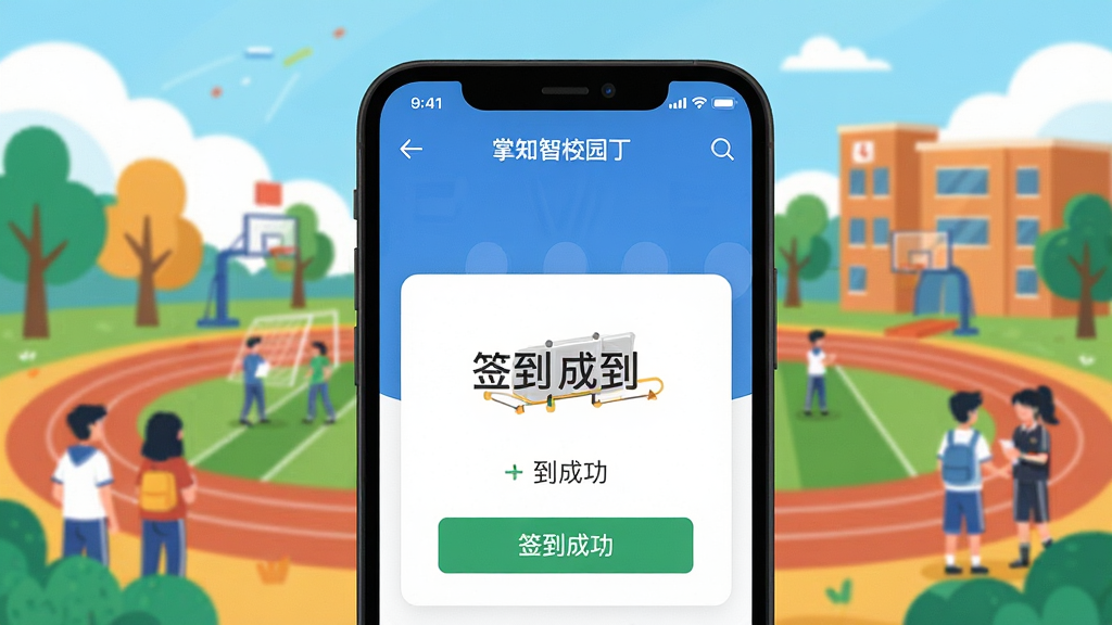 掌心智校园丁考勤功能界面,手机屏幕上显示签到成功提示,背景校园操场,色彩明亮,扁平化插画风格,画质清晰,无多余元素