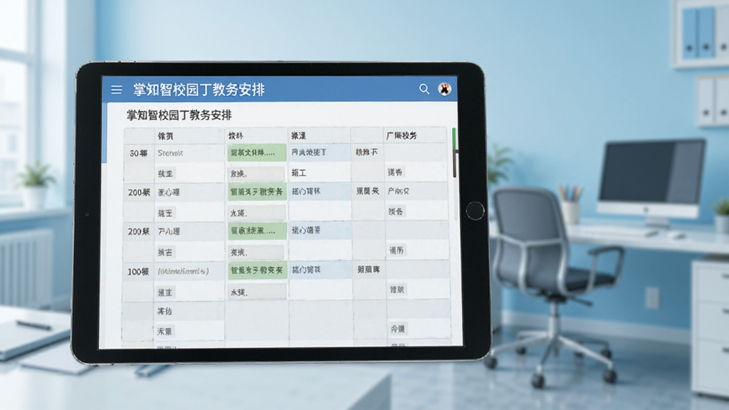 掌心智校园丁教务安排界面,平板电脑显示课程表网格,背景办公室,浅蓝色调,简洁商务风格,画质清晰,无多余元素