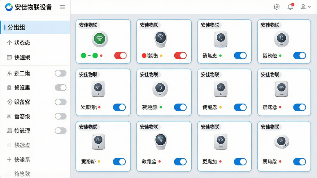 主体:安佳物联设备管理界面,展示多个智能设备图标及分组列表。布局:左侧为分组侧边栏,右侧为设备卡片网格,每个卡片包含设备名称、状态指示灯和快捷开关。排版:网格布局,卡片等距排列,色彩统一。风格:清新商务风,背景浅灰,卡片白色带浅蓝边框。细节:设备图标上方标注“安佳物联”小字,状态指示灯有绿色和红色区分,分组标签清晰。画质:高分辨率,干净无多余元素。