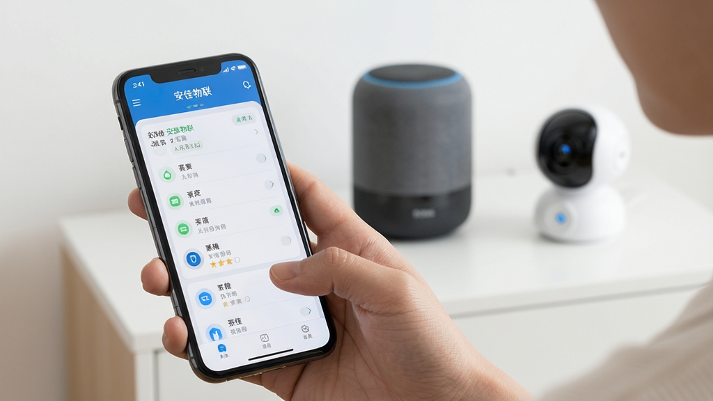 主体:安佳物联使用场景展示,用户手持手机查看设备状态。布局:前景为手机屏幕特写,背景为模糊的智能家居环境。排版:画面简洁,人物动作自然。风格:生活化摄影风格,光线柔和。细节:手机屏幕显示“安佳物联”设备列表,背景有智能音箱和摄像头。画质:高清分辨率,干净无多余元素。