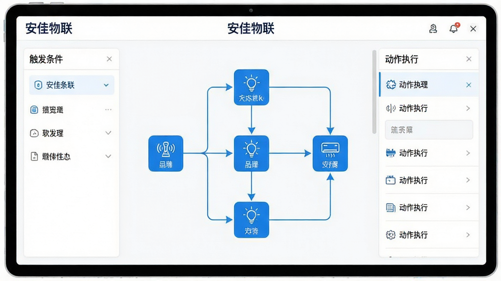 主体:安佳物联场景联动设置界面,展示自动化流程编辑面板。布局:中央为流程节点连线图,左侧为触发条件选择区,右侧为动作执行列表。排版:逻辑清晰,节点用线条连接,箭头指示方向。风格:极简科技风,白色背景,蓝色节点和线条。细节:节点图标包含传感器、灯光、空调等,面板顶部标注“安佳物联”文字。画质:高清晰度,干净无多余元素。