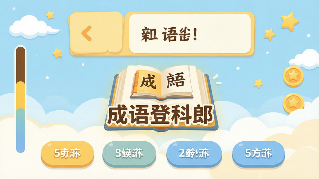 主体:成语登科郎APP界面,展示成语闯关答题场景,中央有“成语登科郎”字样与书本图标;布局:上方是成语题目卡片,下方四个答案按钮,侧边有进度条和金币奖励;排版:简洁清晰,信息层级分明,按钮圆润;风格:扁平化插画风,色彩明亮活泼,以暖黄和淡蓝为主;细节:书本翻开,成语文字清晰,背景有云朵和星星装饰;画质:高清,干净,无多余元素。