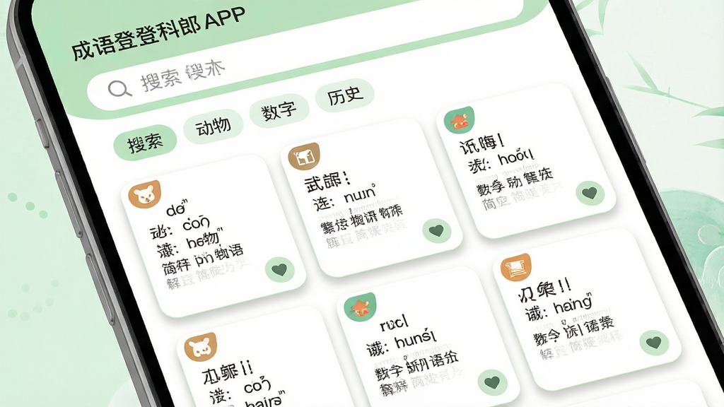 主体:成语登科郎APP的成语列表页面,展示分类标签“动物”“数字”“历史”等;布局:顶部搜索栏,下方为卡片式列表,每张卡片显示成语、拼音和简释;排版:网格状排列,卡片圆角阴影,错落有致;风格:清新简约,白底浅绿点缀;细节:每张卡片左上角有分类小图标,右下角有收藏心形按钮;画质:高清,干净,无多余元素。