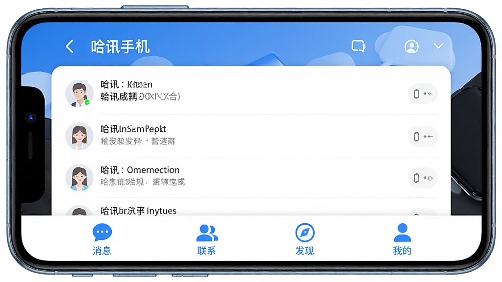 一张展示哈讯手机应用主界面的高清预览图,界面包含聊天列表、底部导航栏(消息、联系人、发现、我的),整体采用蓝白配色,布局简洁现代,细节圆润,画面干净无多余元素,画质清晰,突出社交沟通的主题。