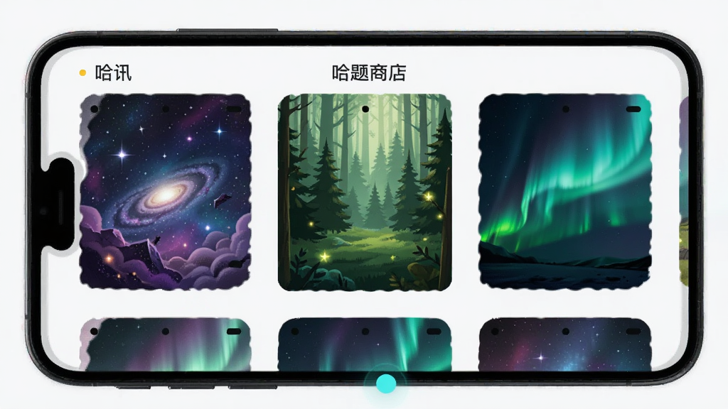 展示哈讯主题商店界面,手机屏幕中陈列多款彩色皮肤预览,包括星空、森林、极光等风格,背景为浅色,布局网格化,风格活泼,细节丰富,画质干净,无多余元素。