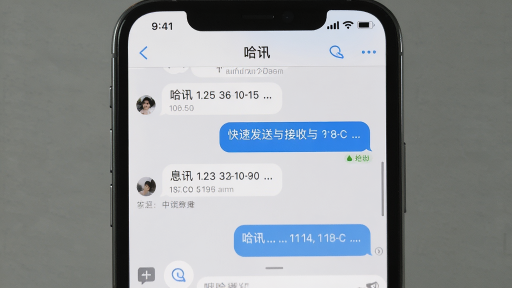 展示哈讯聊天界面中消息快速发送与接收的模拟场景,手机屏幕内显示对话气泡与已读标记,背景为浅灰色,布局居中,风格写实,细节包括时间戳与网络信号图标,画质干净,无多余元素。