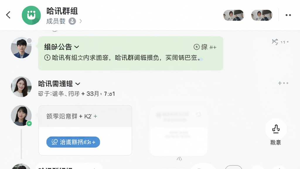 展示哈讯群组聊天界面,顶部显示群名称与成员数,下方消息列表包含公告置顶与投票卡片,背景为白色,布局规整,风格扁平,细节清晰,画质干净,无多余元素。