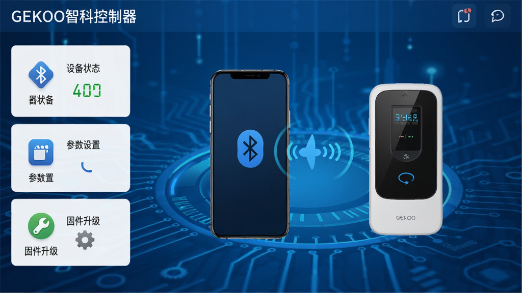 GEKOO智科控制器主界面展示图,画面中央显示手机与智能控制器蓝牙连接动画,左侧列表展示设备状态、参数设置、固件升级等图标,整体风格现代简洁,蓝色科技感背景,界面图标清晰,文字标签为“GEKOO智科控制器”,画质干净,无多余元素