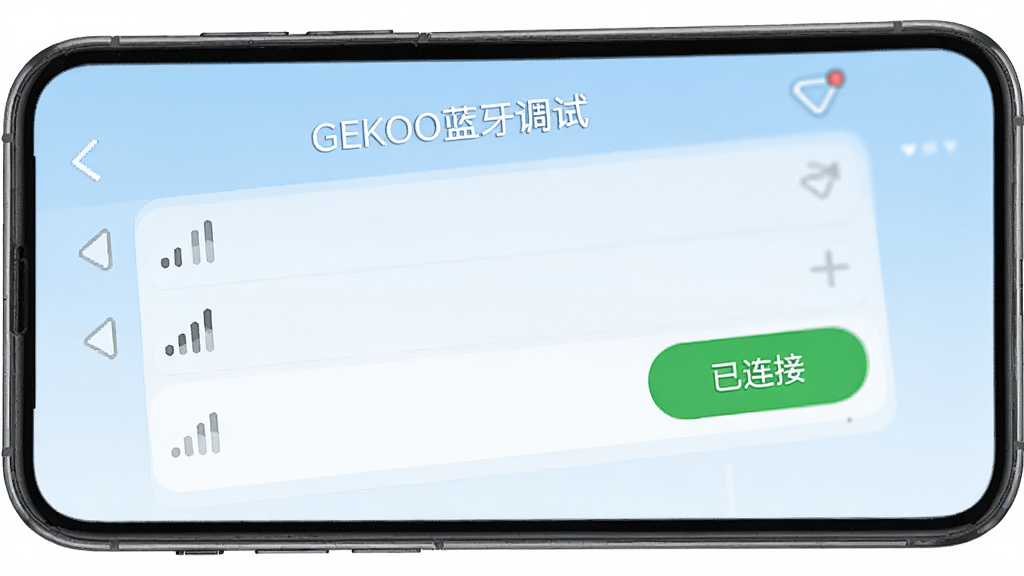 GEKOO智科控制器蓝牙配对界面,手机屏幕显示搜索到的设备列表,每个设备带有信号强度图标,点击连接后显示“已连接”绿色标识,背景为淡蓝色渐变,界面干净清爽,文字为“GEKOO蓝牙调试”,画质高清,无多余元素