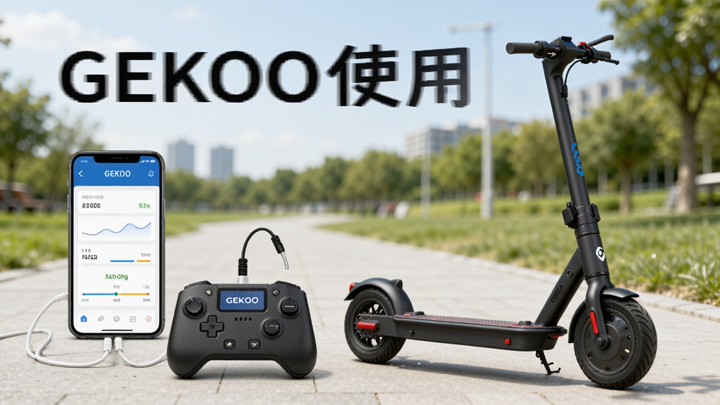GEKOO智科控制器使用教程场景图,手机连接控制器,旁边放置电动滑板车,屏幕显示参数调节界面,背景为户外环境,构图清晰,文字为“GEKOO使用指南”,画质干净,无多余元素