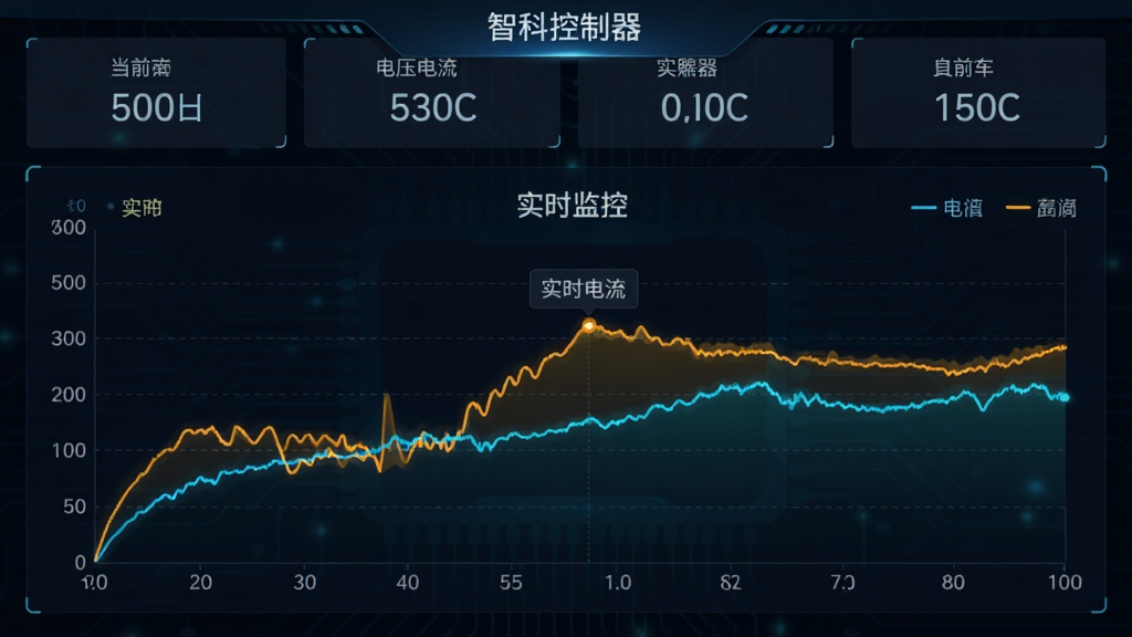 GEKOO智科控制器数据监控图表界面,折线图显示电压电流变化曲线,顶部为当前数值卡片,背景为深色科技风格,曲线颜色明亮,文字标注“实时监控”,画质锐利,无多余元素