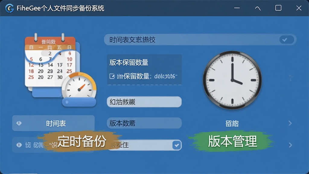 FileGee个人文件同步备份系统备份策略设置面板截图,展示时间表、版本保留数量等选项,界面清晰,配有日历和时钟图标,风格简洁,文字标注