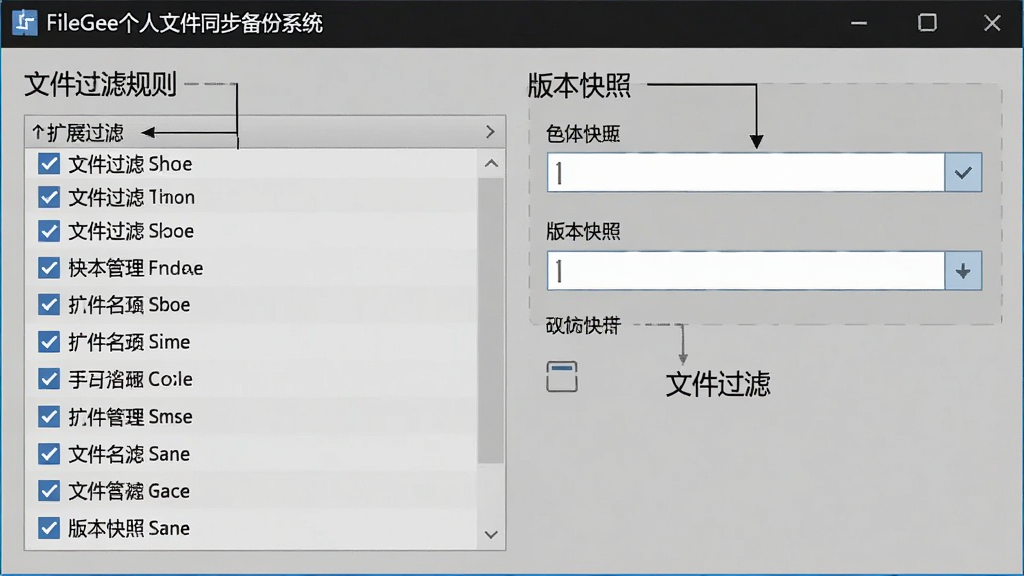 FileGee个人文件同步备份系统文件过滤规则配置界面,展示扩展名列表和条件筛选框,界面有勾选框和输入框,风格简洁,文字标注