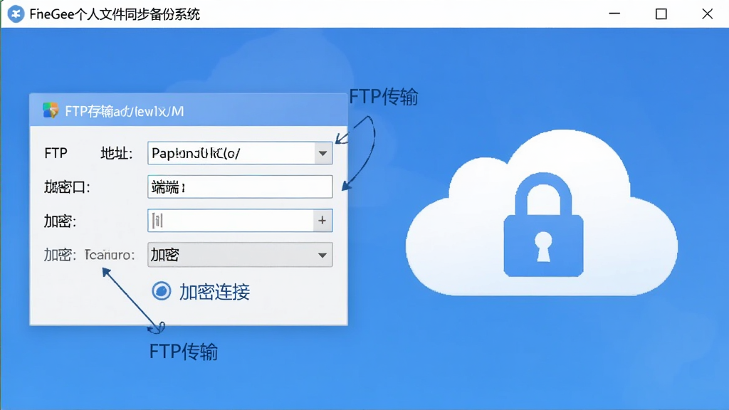 FileGee个人文件同步备份系统网络存储连接设置界面,展示FTP地址、端口、加密选项输入框,背景有云朵和锁图标,风格简洁,文字标注
