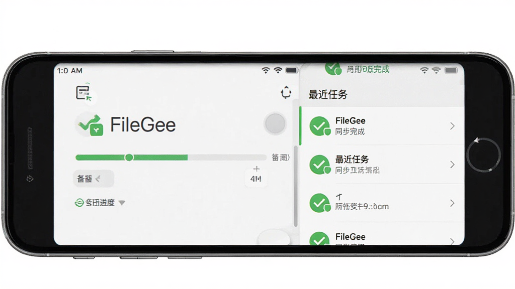 FileGee个人文件同步备份系统手机同步界面预览,展示手机与电脑连接状态、备份进度条、最近任务列表,界面风格简洁,有绿色对勾图标,文字标注